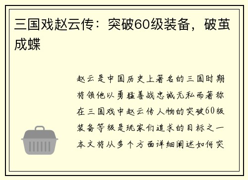 三国戏赵云传：突破60级装备，破茧成蝶