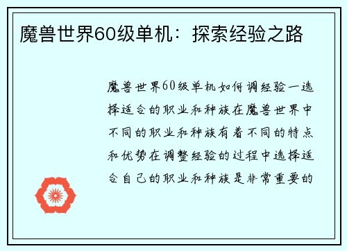 魔兽世界60级单机：探索经验之路